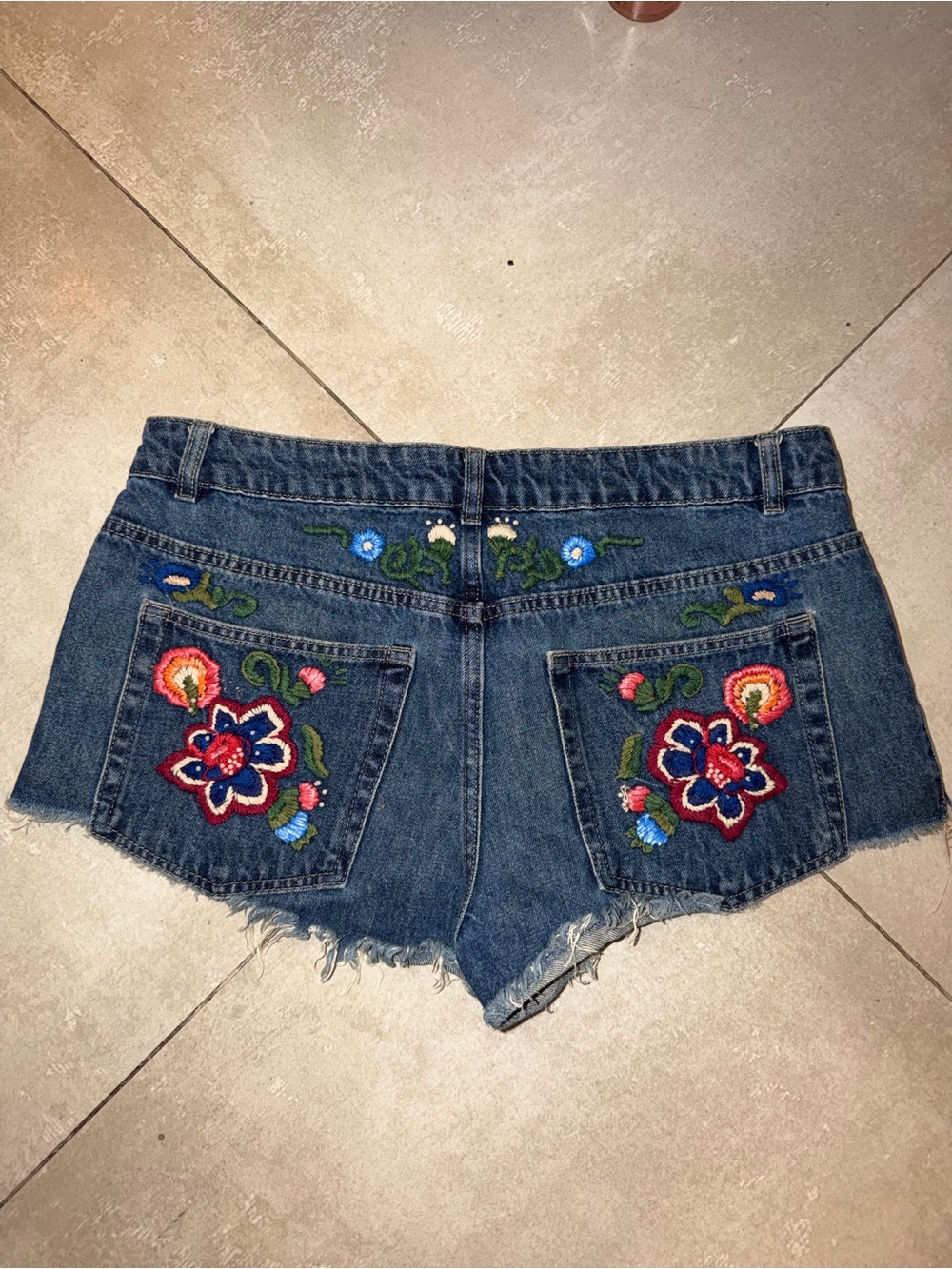 FARM Rio Blue Denim Shorts with Multicolor Floral Embroidery